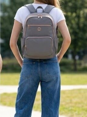 Delsey Paris Shadow 5.0 Gorpcore Gray Rose Gold Hardware Nylon Backpack 16.3"New